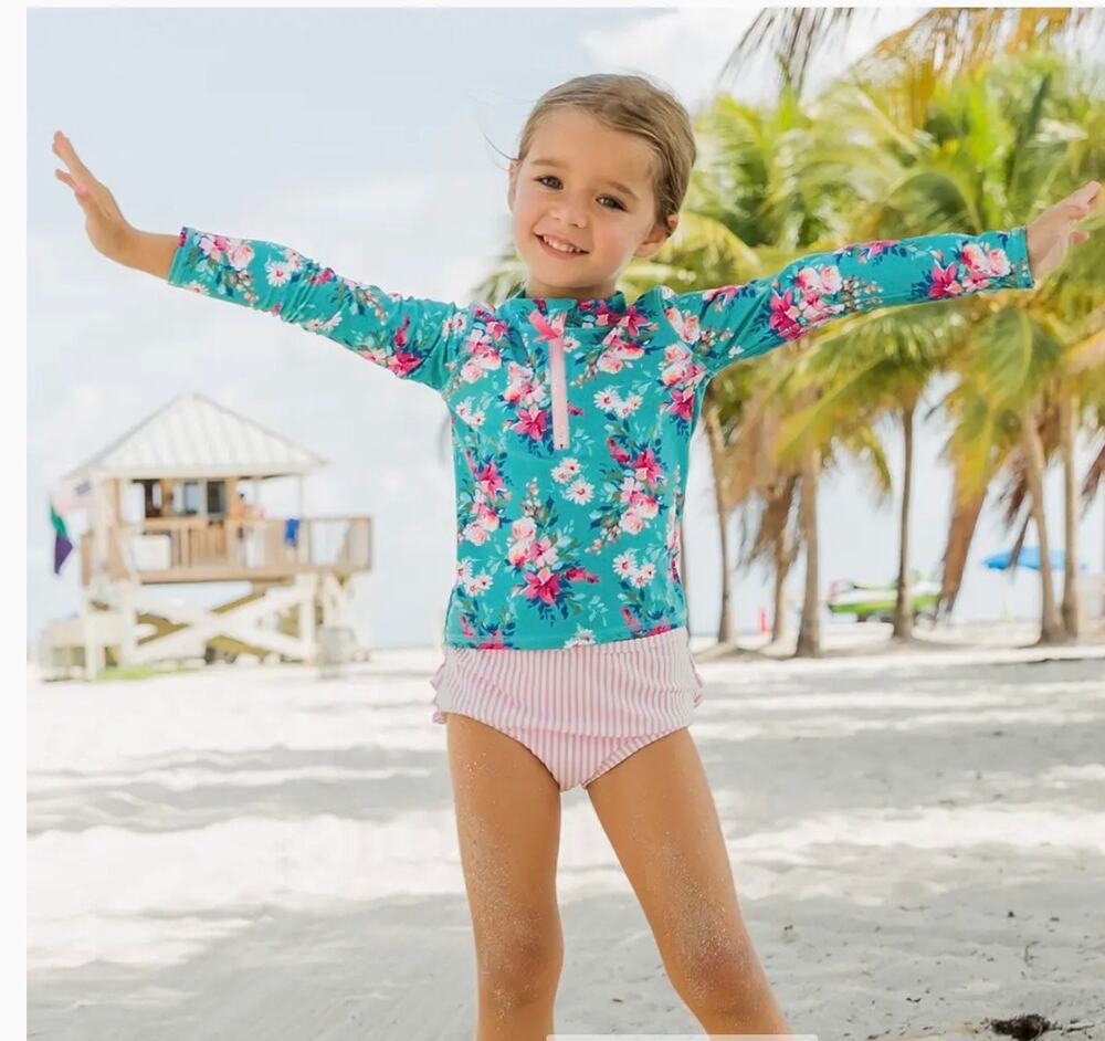 Girls Fancy Me Floral Long Sleeve Zipper Rash Guard Swim Top Size 8 EUC